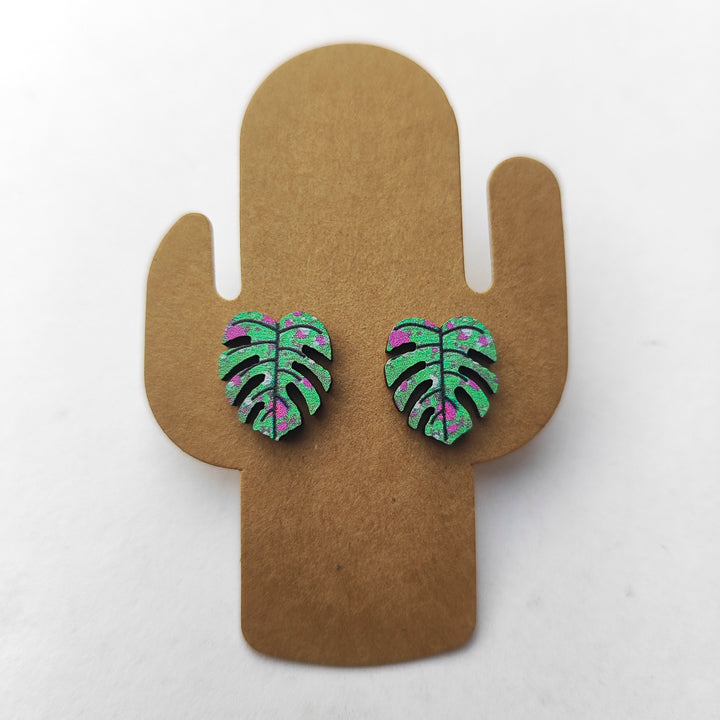 Aretes "Hoja Monstera" Madera pequeñas Azules