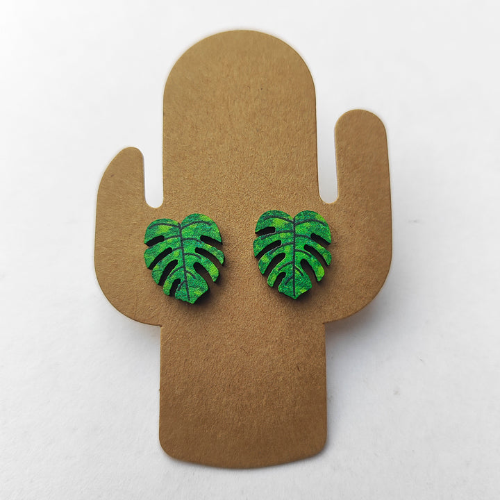 Aretes "Hoja Monstera" Madera pequeñas Verde Claro