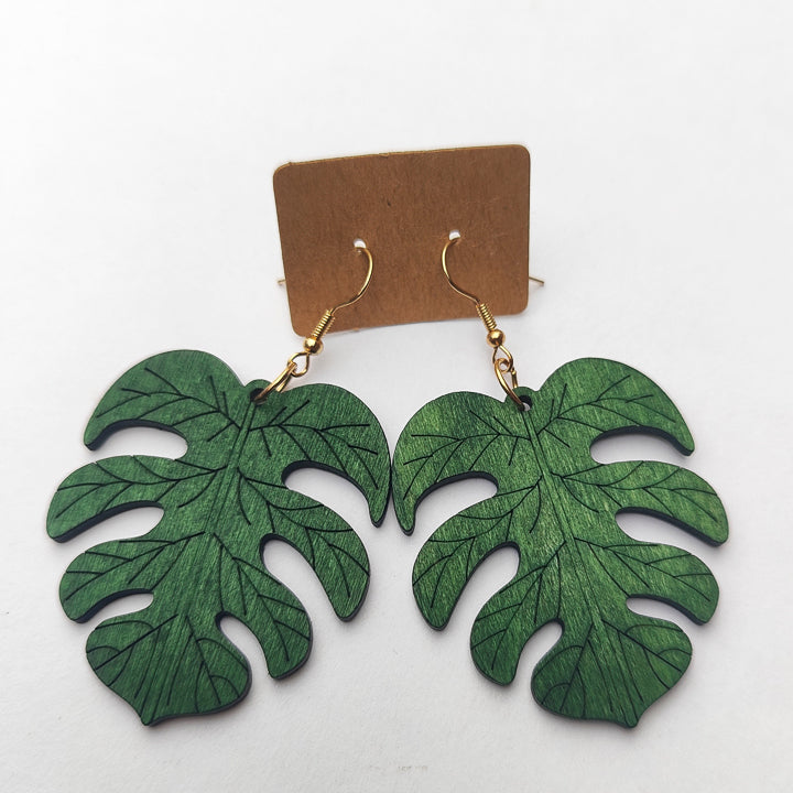 Aretes "Hoja Monstera" Madera grandes #1